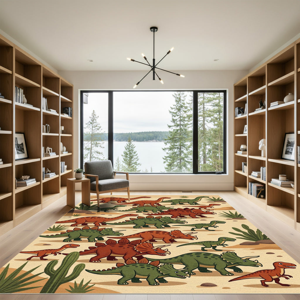 Whimsical Multi-Colored Dinosaur Wildlife Illustration Rug