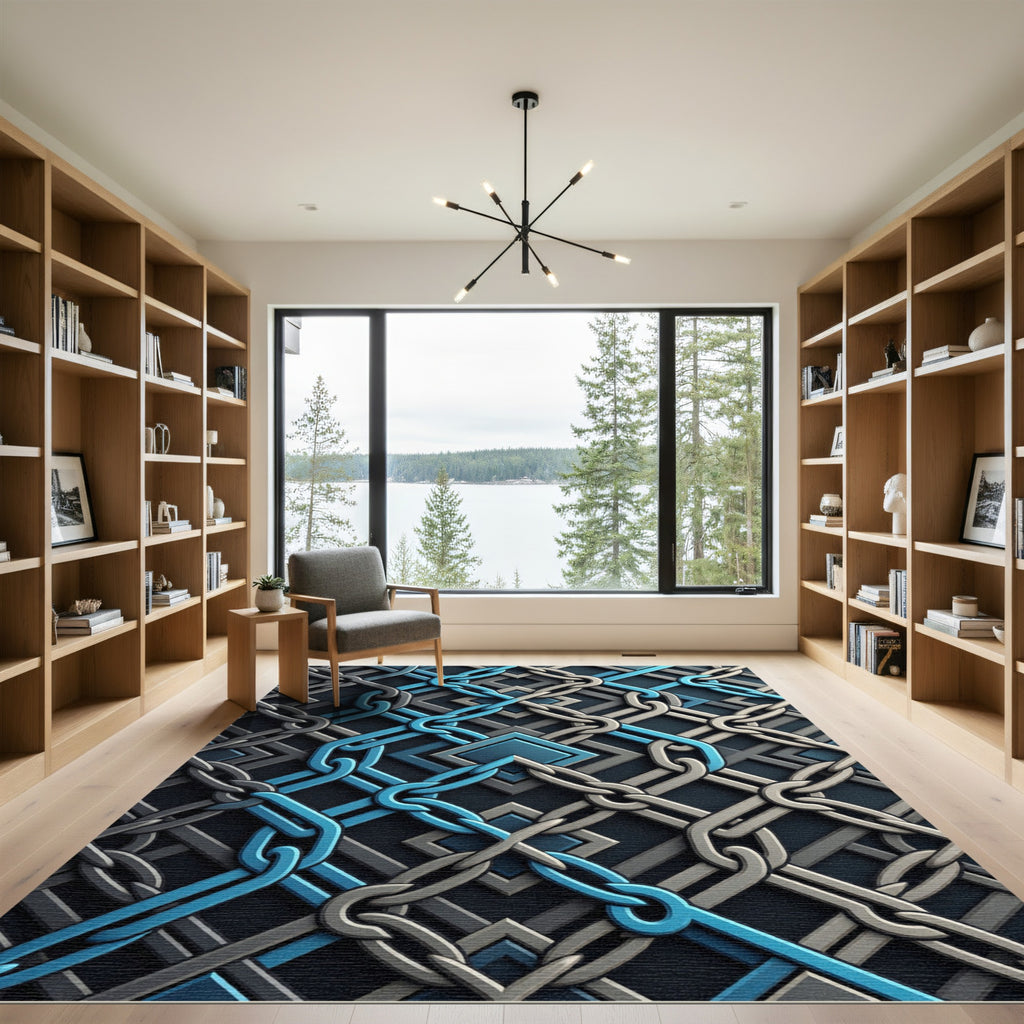 Abstract Navy and Silver Interlocking Chain Rug