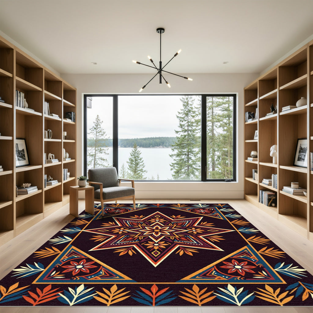 Midnight Orange Star Floral Medallion Rug