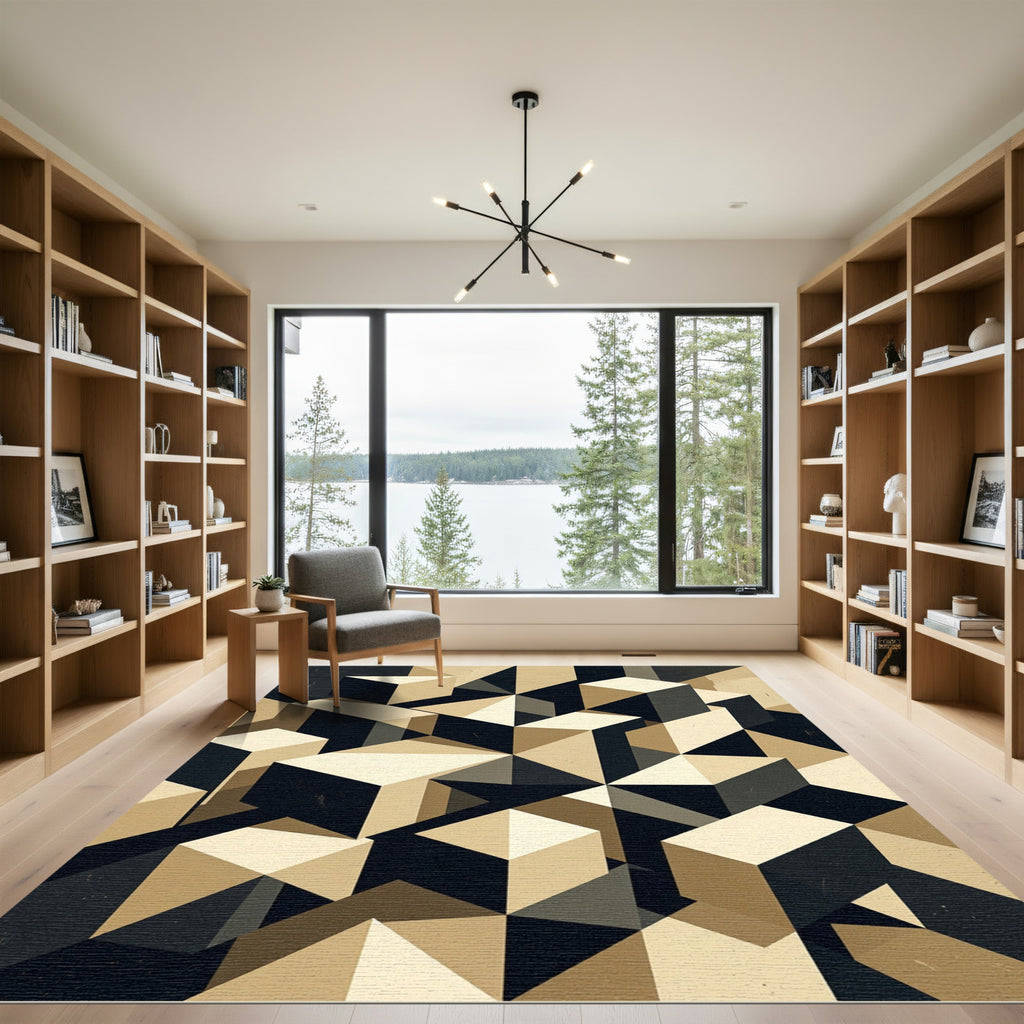 Geometric Cubist Block Abstract Beige Rug