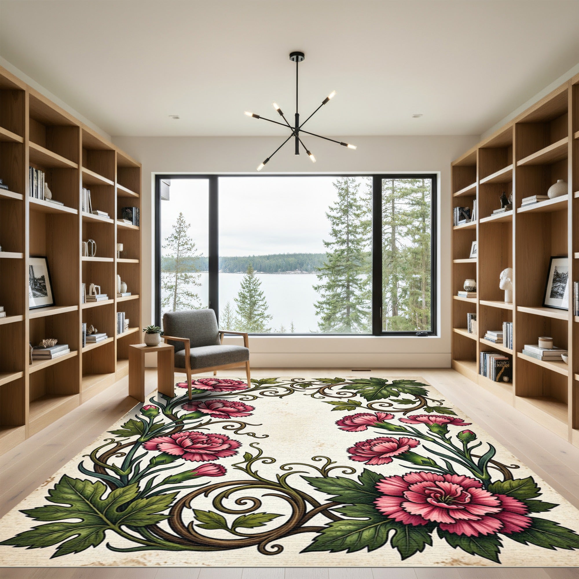 Pink Floral Scroll Border Rug