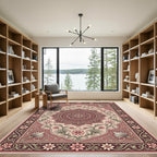 Burgundy Pink Floral Medallion Scrollwork Rug