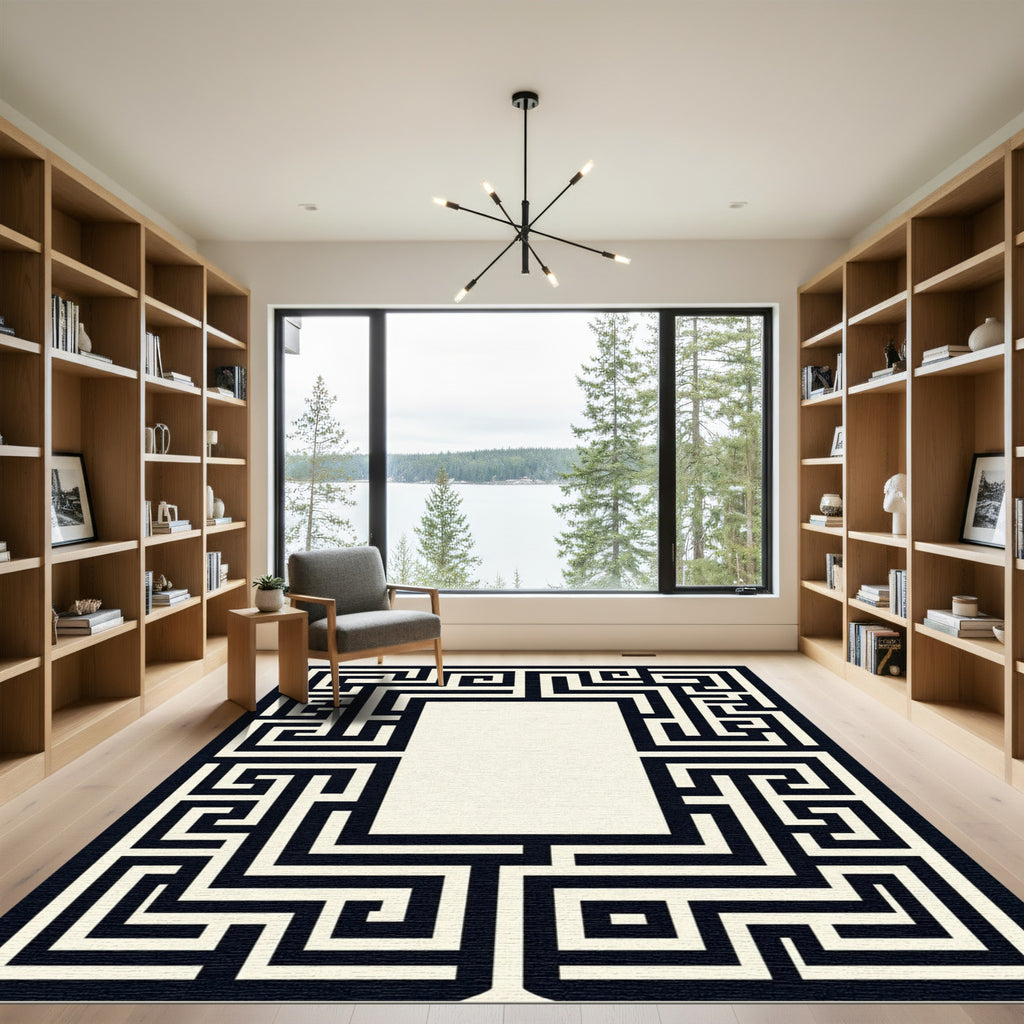 Classic Black Ivory Labyrinth Border Rug