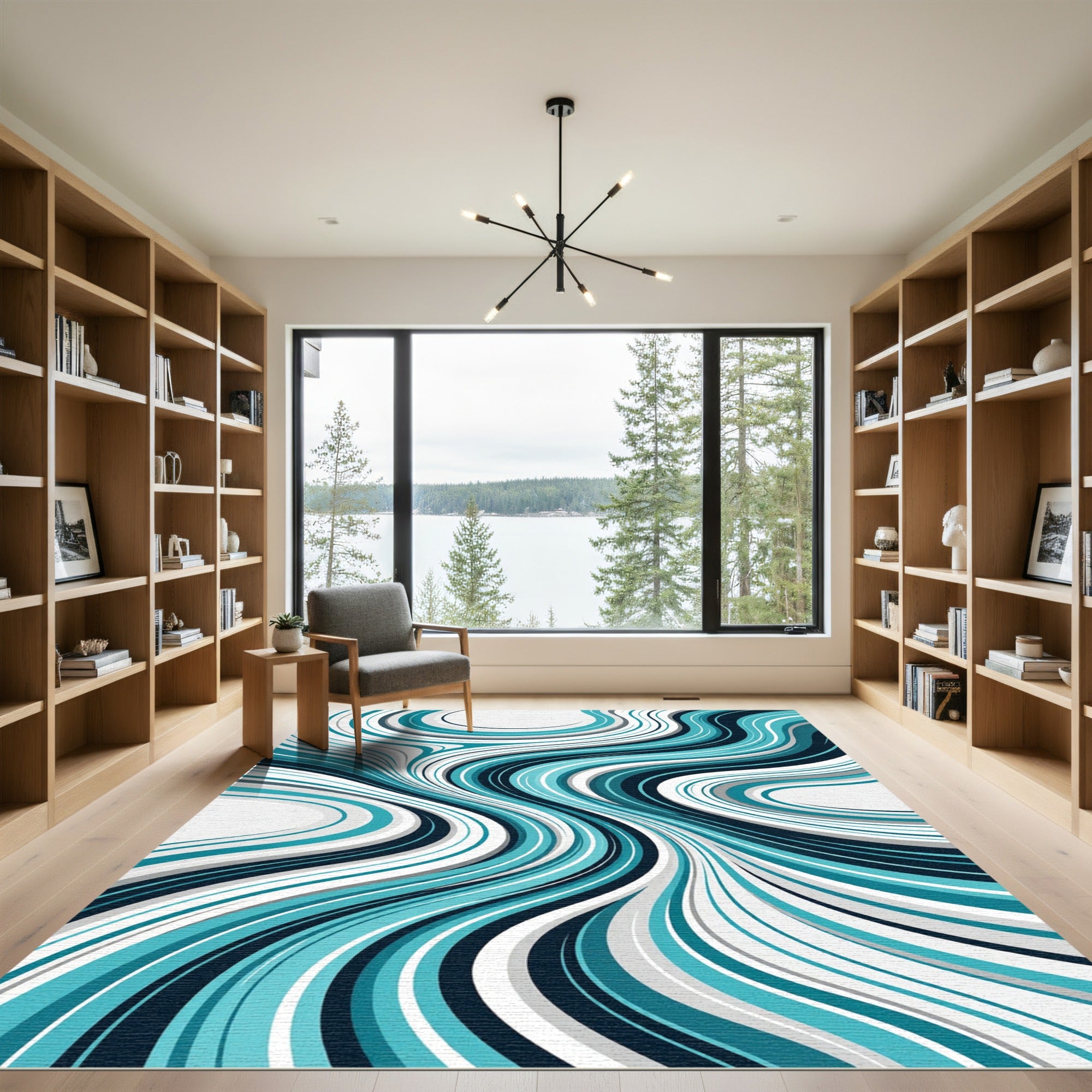 Abstract Teal and Slate Flowing Waves Rug