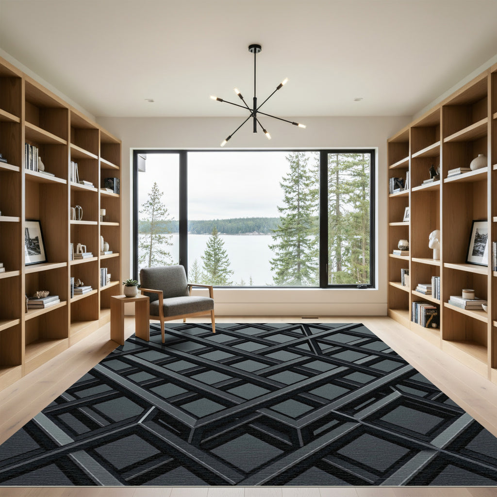 Monochrome Metallic Interlocking Grid Rug