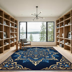 Ornate Blue Gold Mandala Intricate Art Rug
