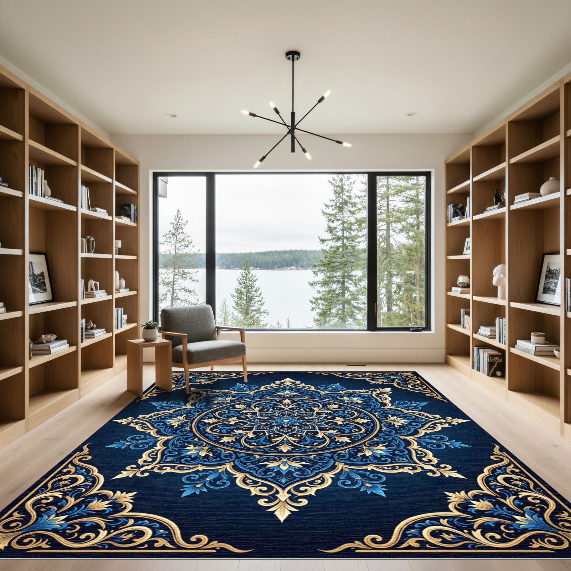 Ornate Blue Gold Mandala Intricate Art Rug
