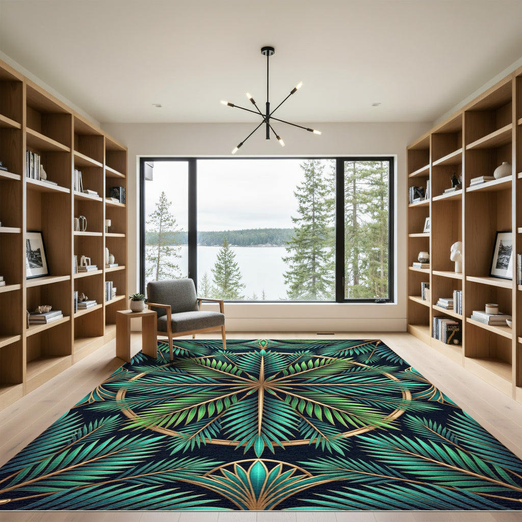 Art Deco Emerald Palm Frond Circle Rug