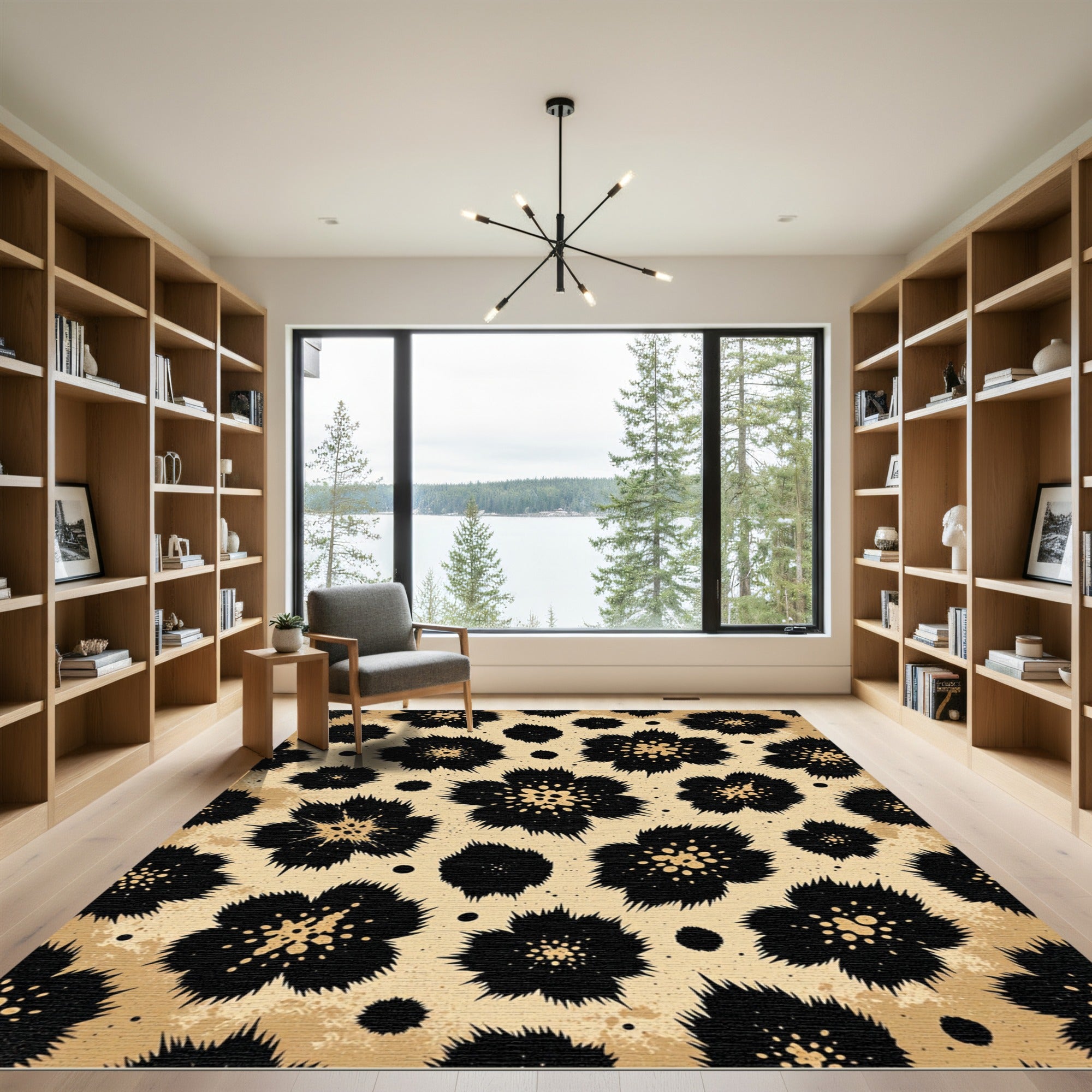 Black Spiky Floral Tan Sprayed Rug