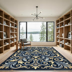 Ornate Gold and Navy Acanthus Scroll Rug