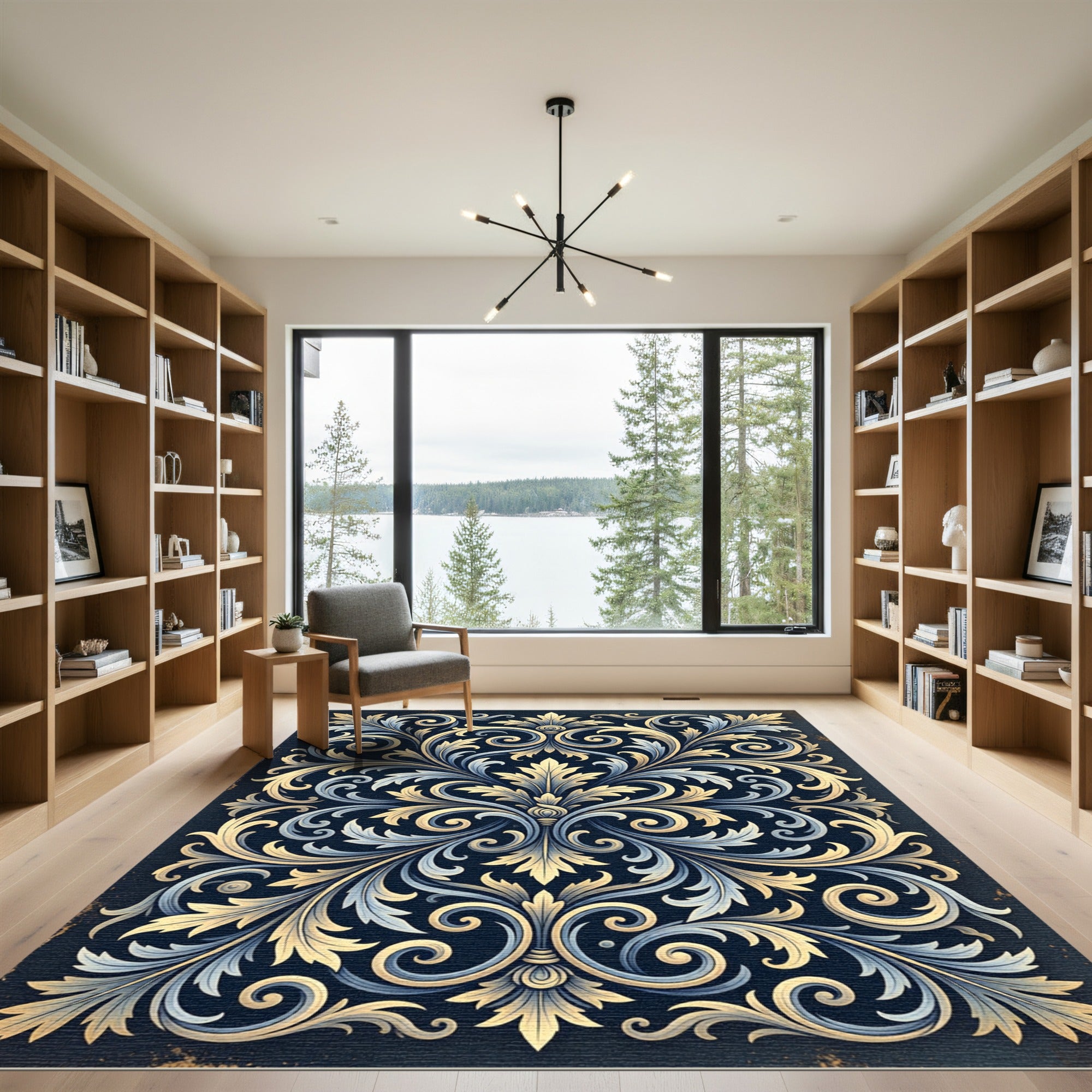 Ornate Gold and Navy Acanthus Scroll Rug