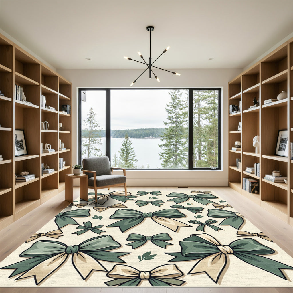 Elegant Sage and Cream Ribbon Bows Rug
