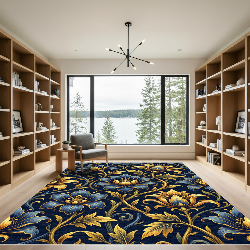 Golden Floral Bloom Navy Botanical Rug