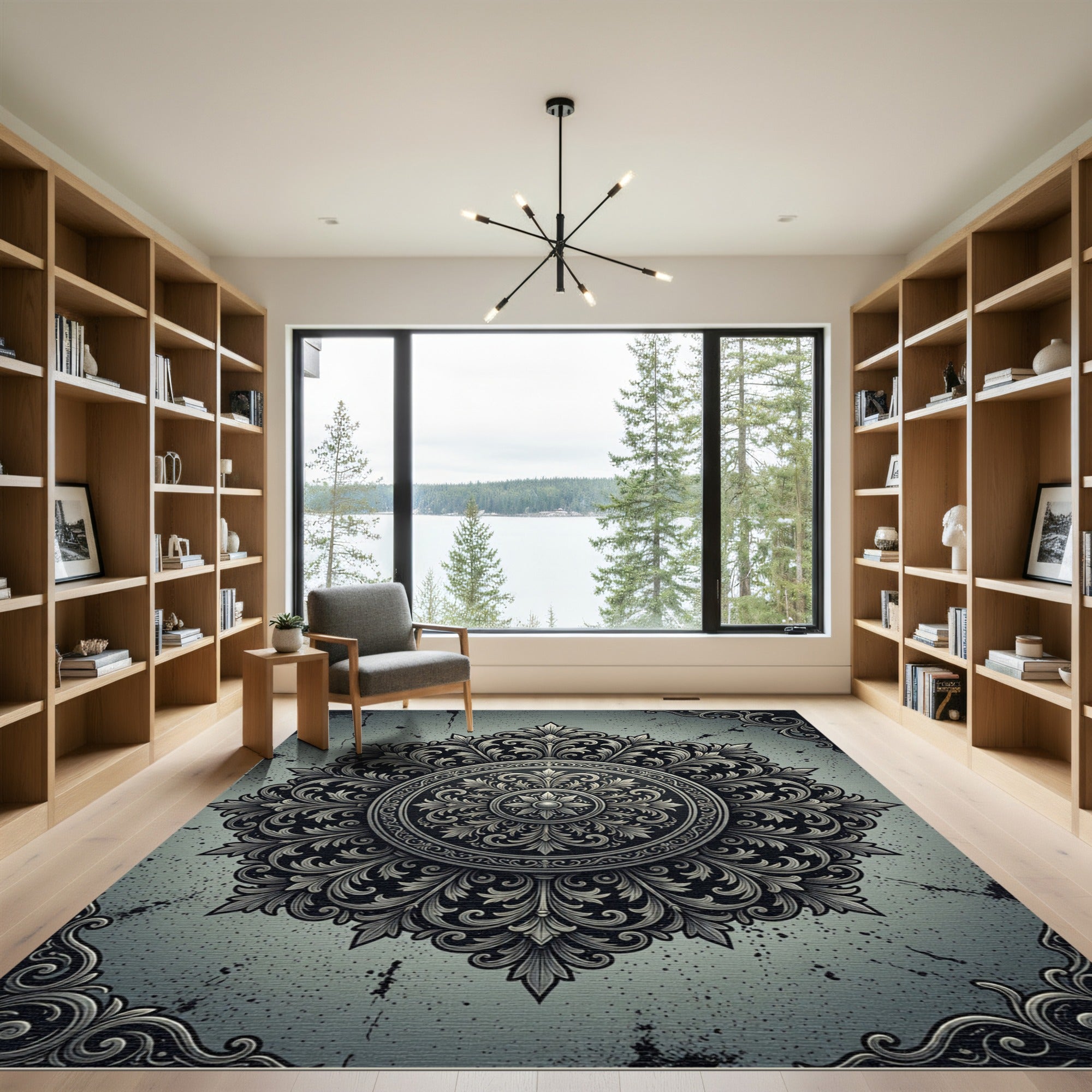 Ornate Charcoal Filigree Silver Medallion Rug