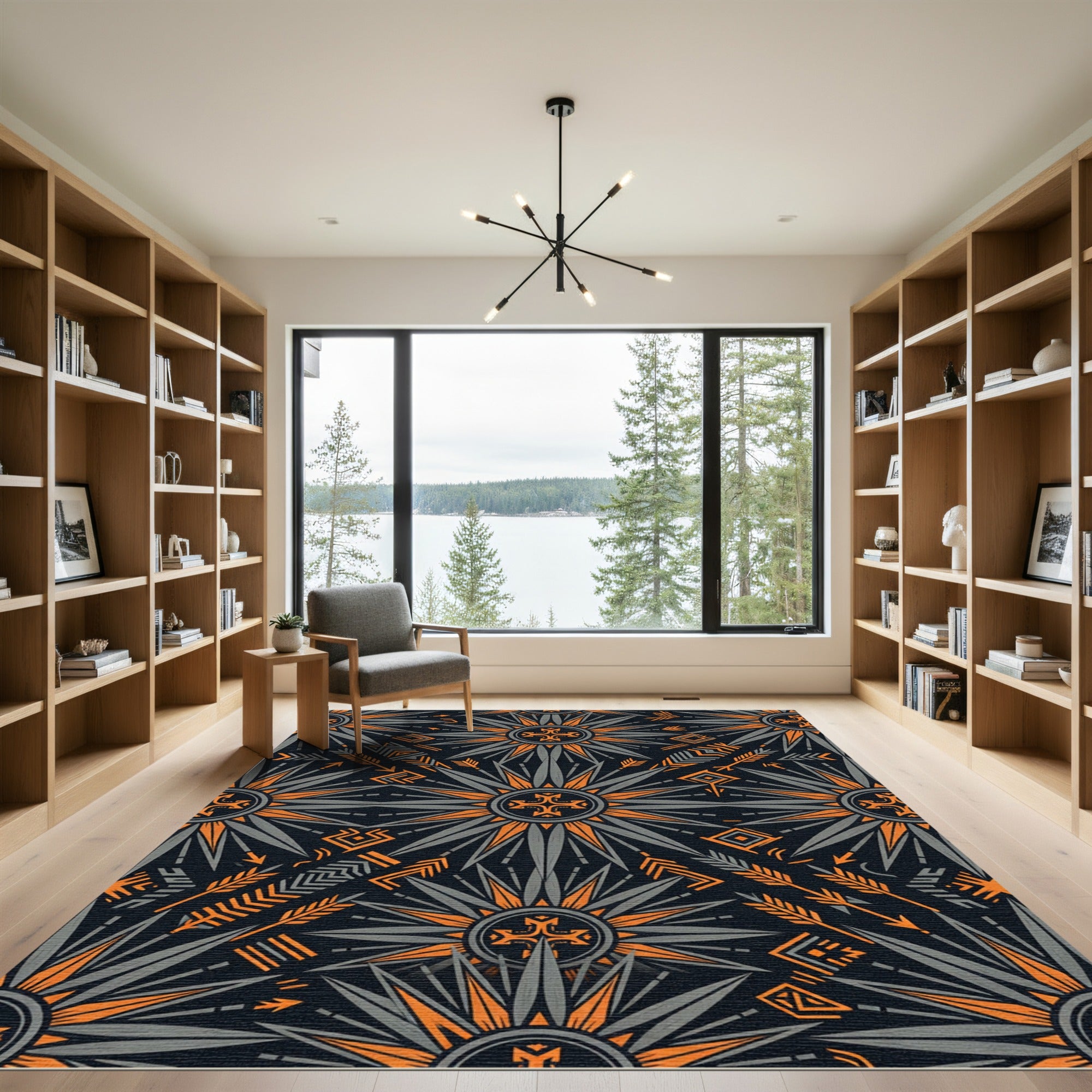 Midnight Orange Geometric Sunburst Cross Rug