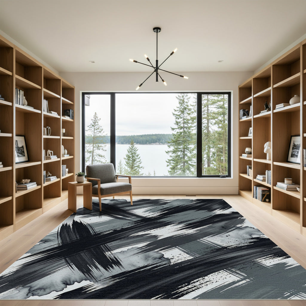 Abstract Monochrome Black Brush Stroke Art Rug