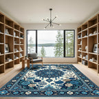 Deep Blue Floral Medallion Garden Rug