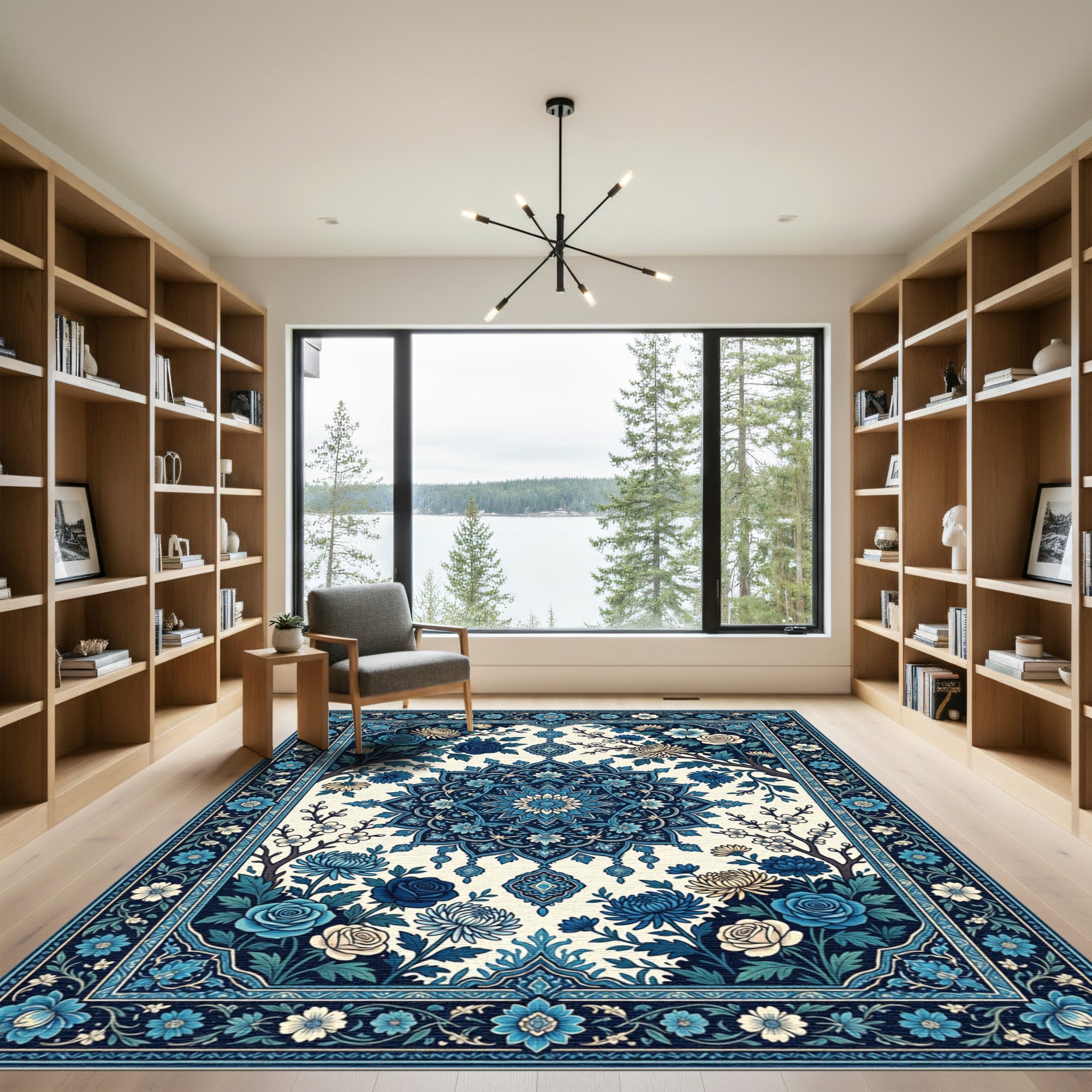 Deep Blue Floral Medallion Garden Rug