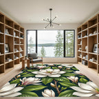White Magnolia Bloom Dark Teal Garden Rug
