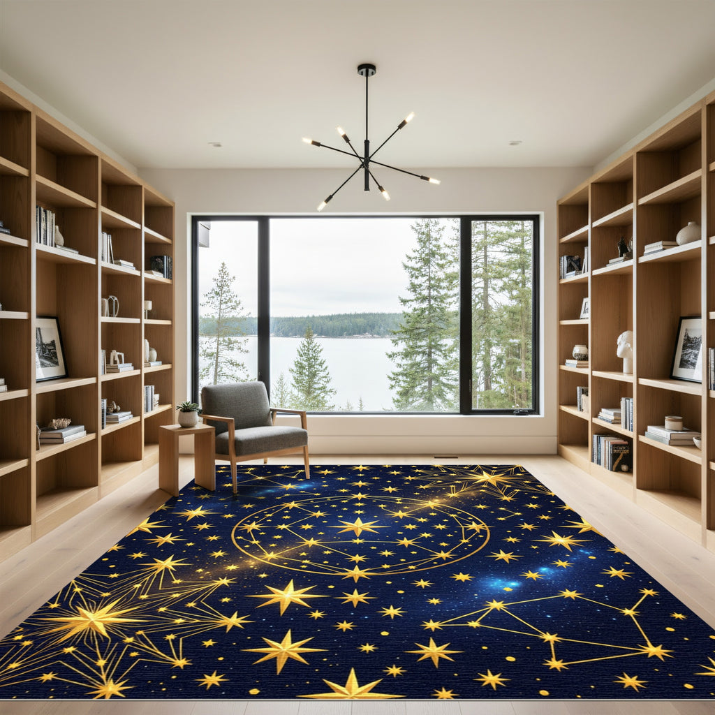 Golden Celestial Star Constellation Night Sky Rug