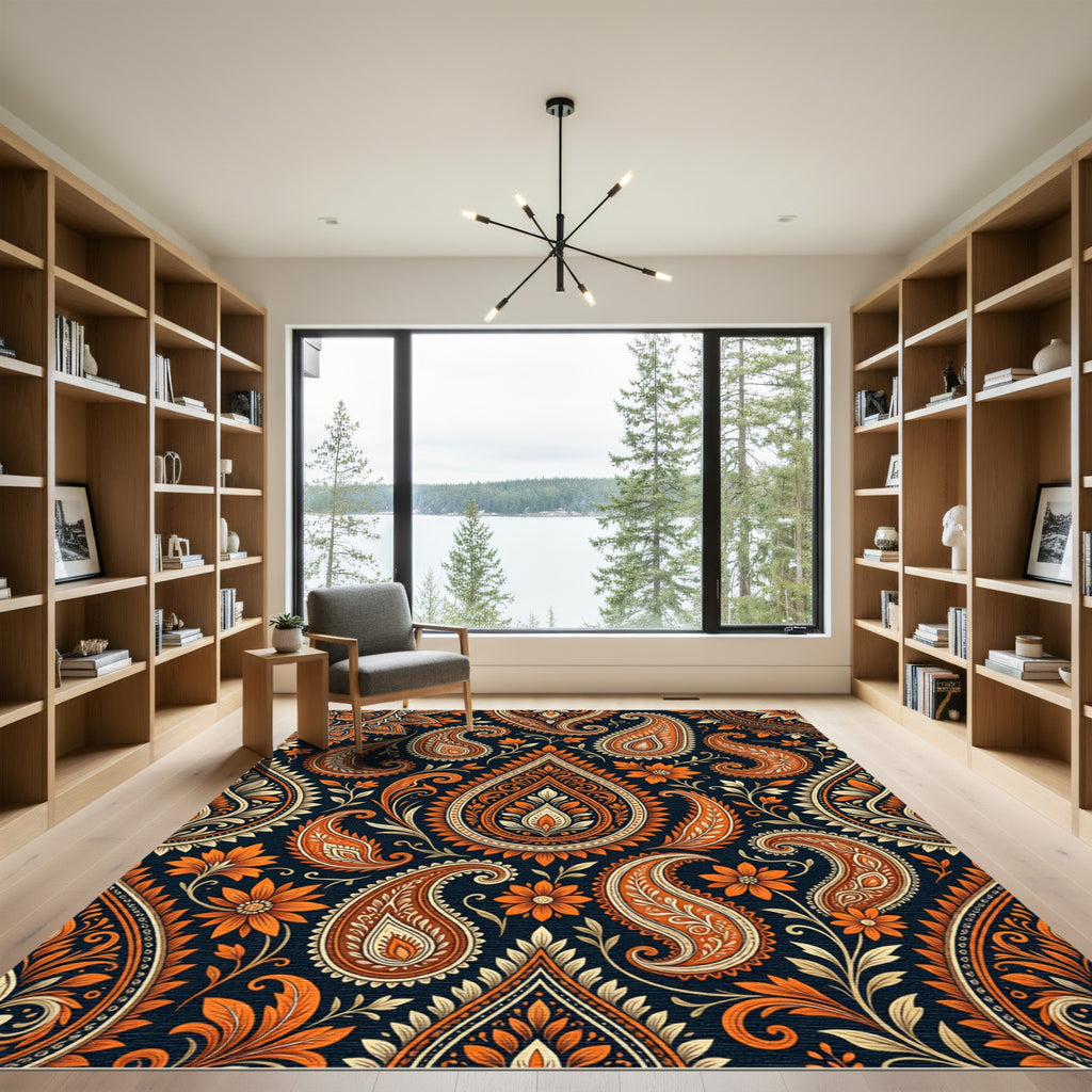 Rich Orange Paisley Floral Medallion Rug