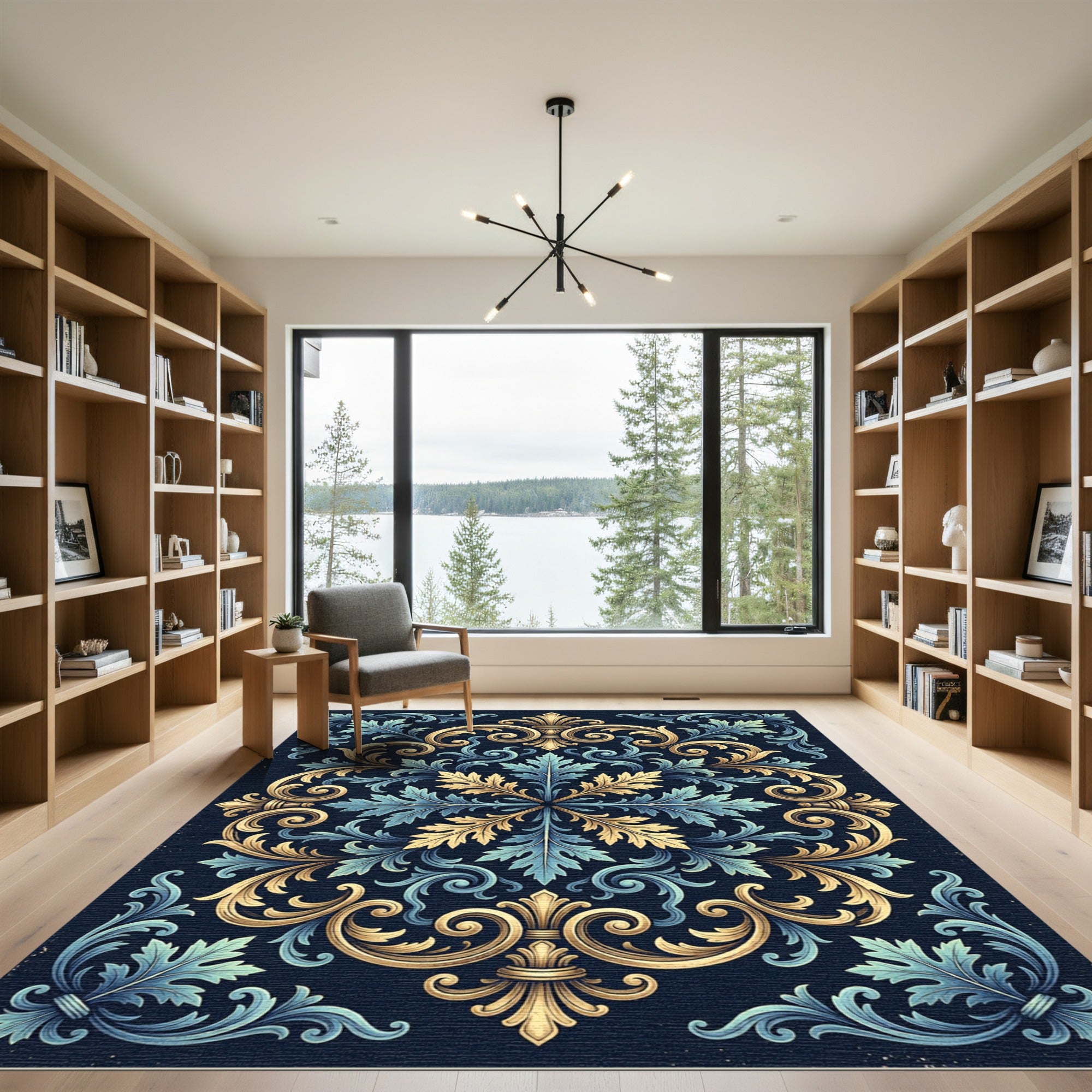 Ornate Golden Blue Acanthus Damask Rug