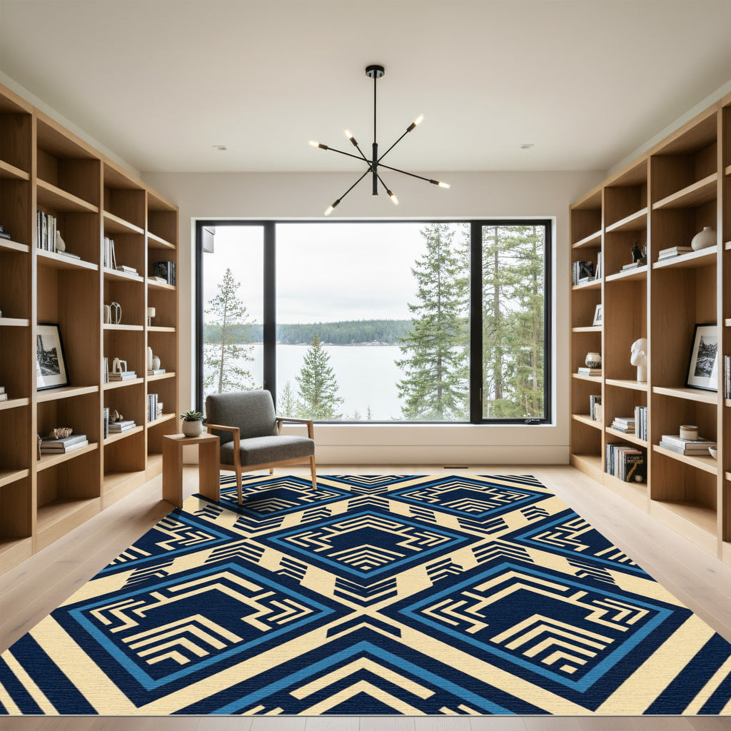 Geometric Navy and Blue Angular Diamond Rug