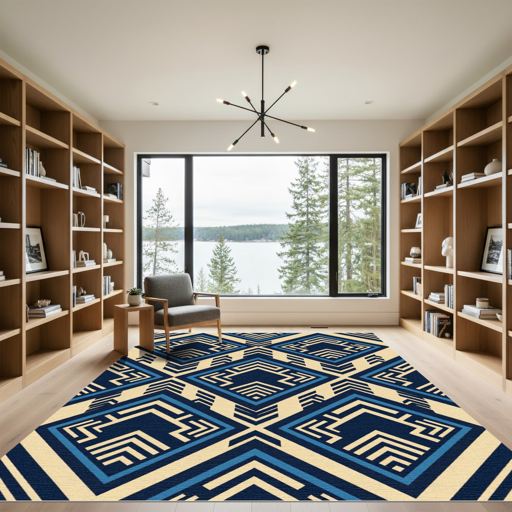 Geometric Navy and Blue Angular Diamond Rug