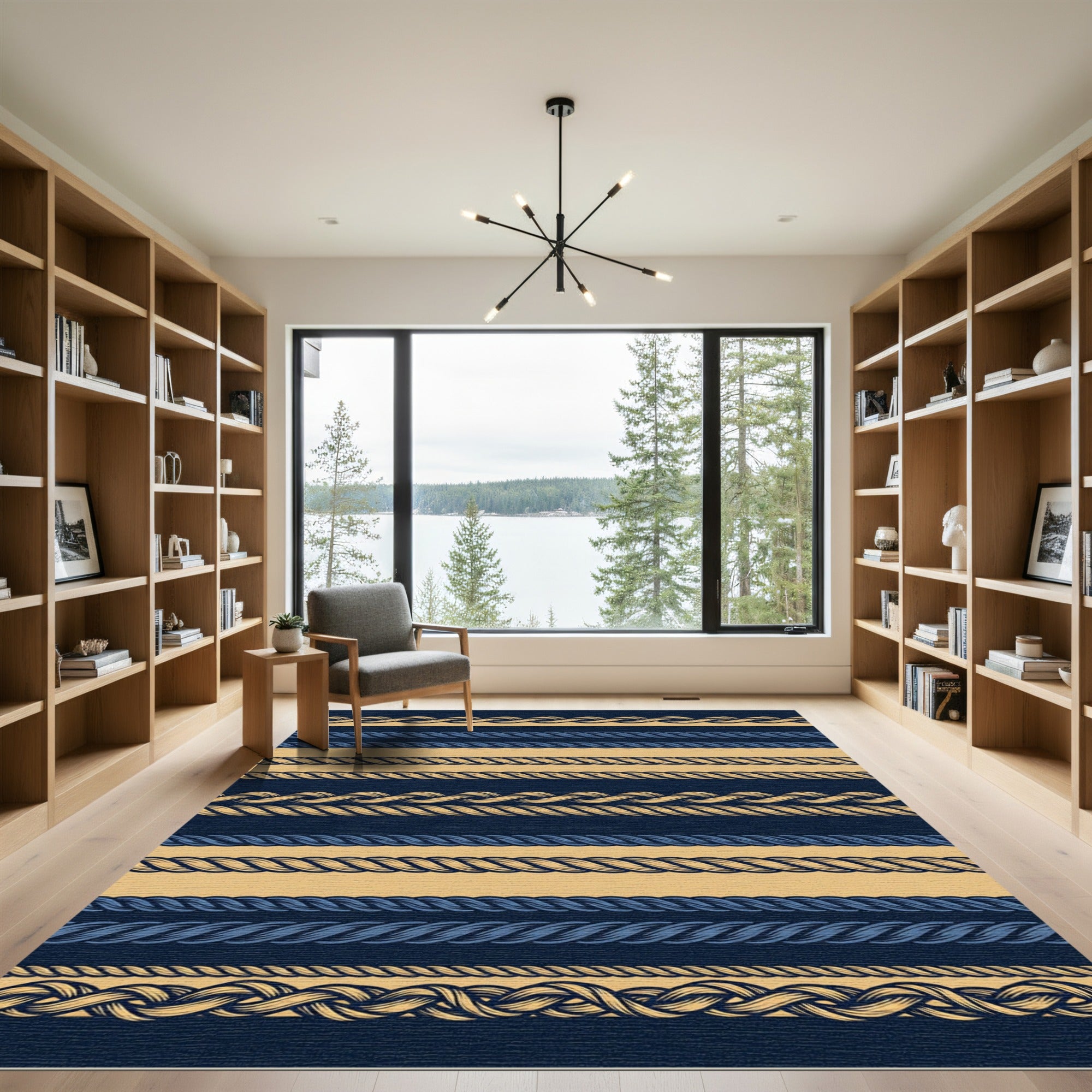 Navy Blue Cream Braided Rope Stripes Rug