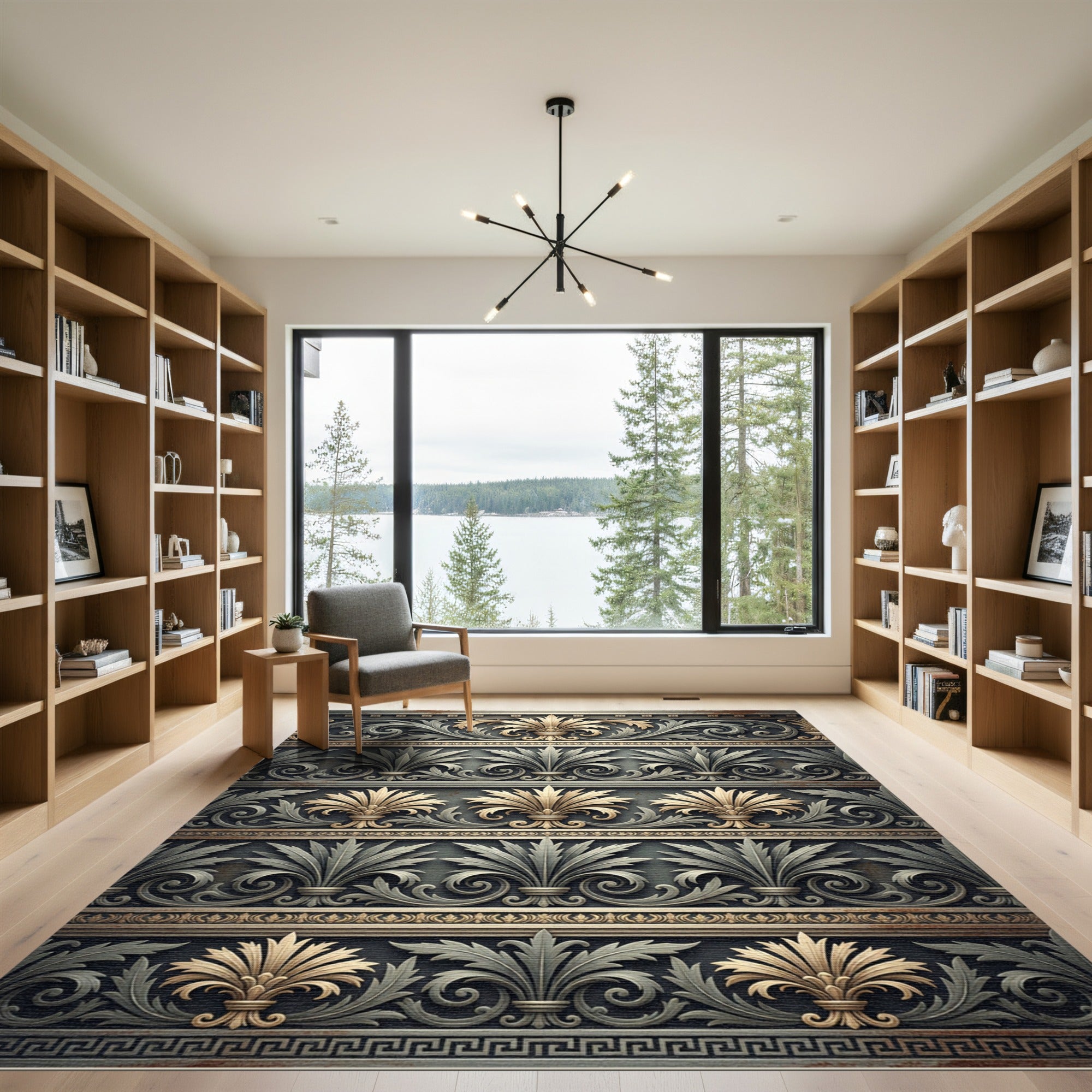 Ornate Gold and Silver Acanthus Scroll Rug
