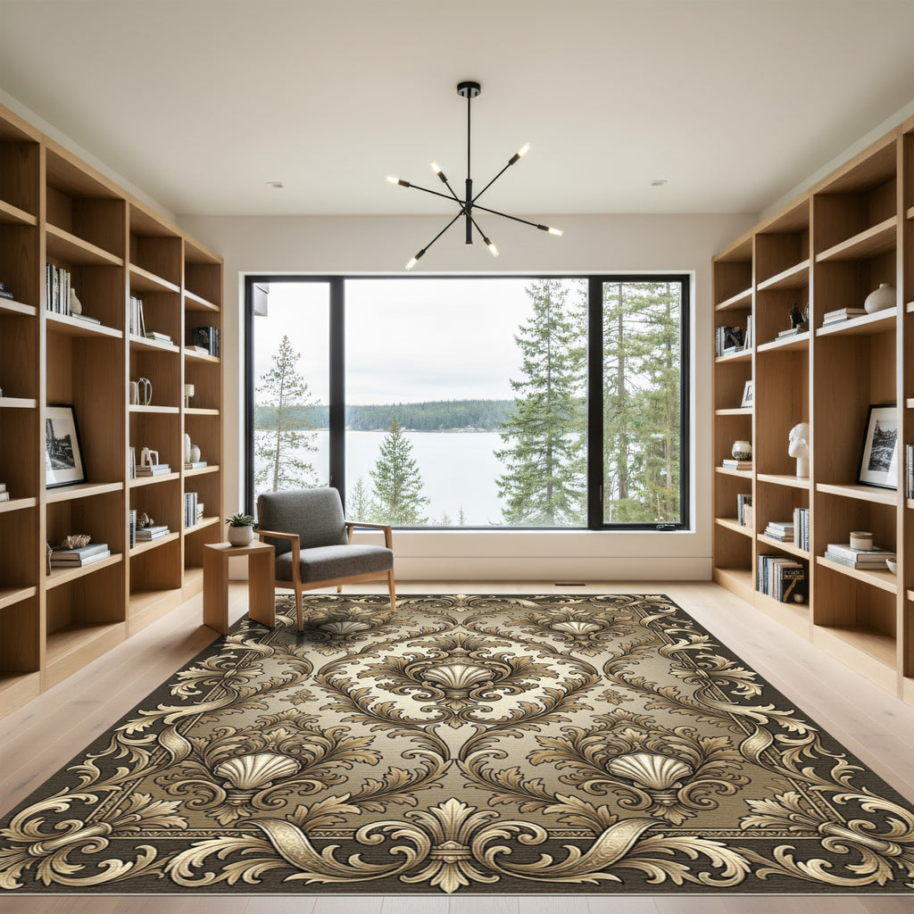 Ornate Gold Shell Scrollwork Frame Rug