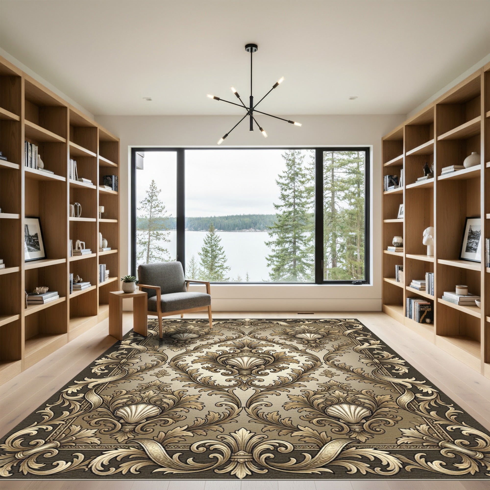 Ornate Gold Shell Scrollwork Frame Rug