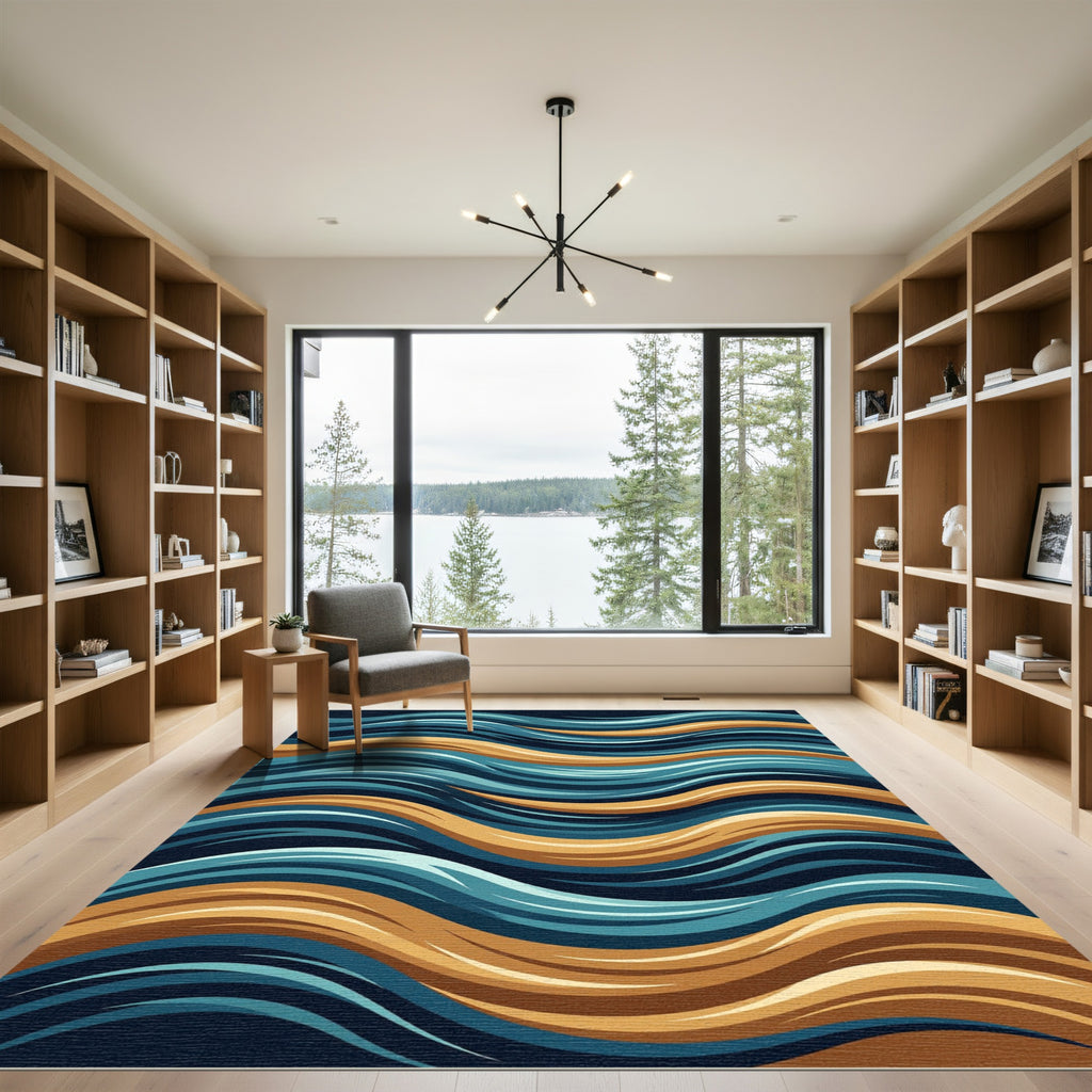 Deep Ocean Golden Wave Lines Rug