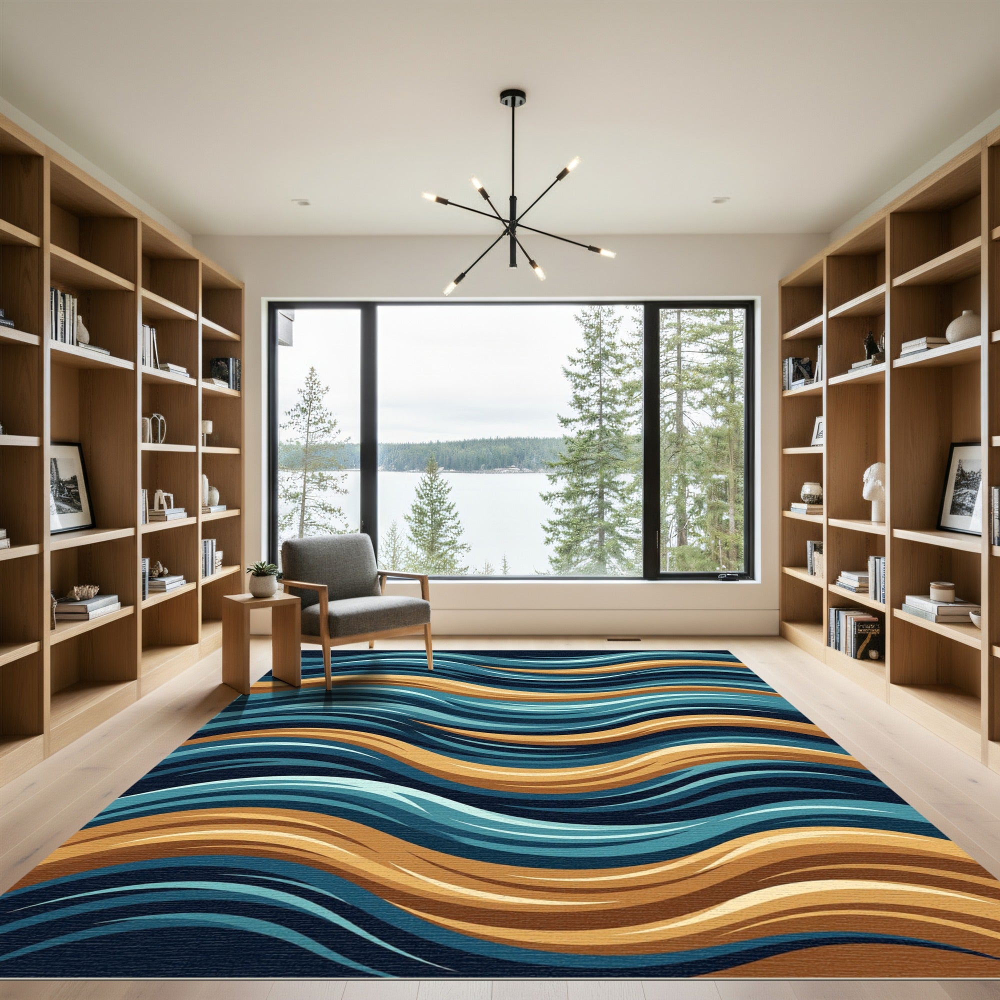 Deep Ocean Golden Wave Lines Rug