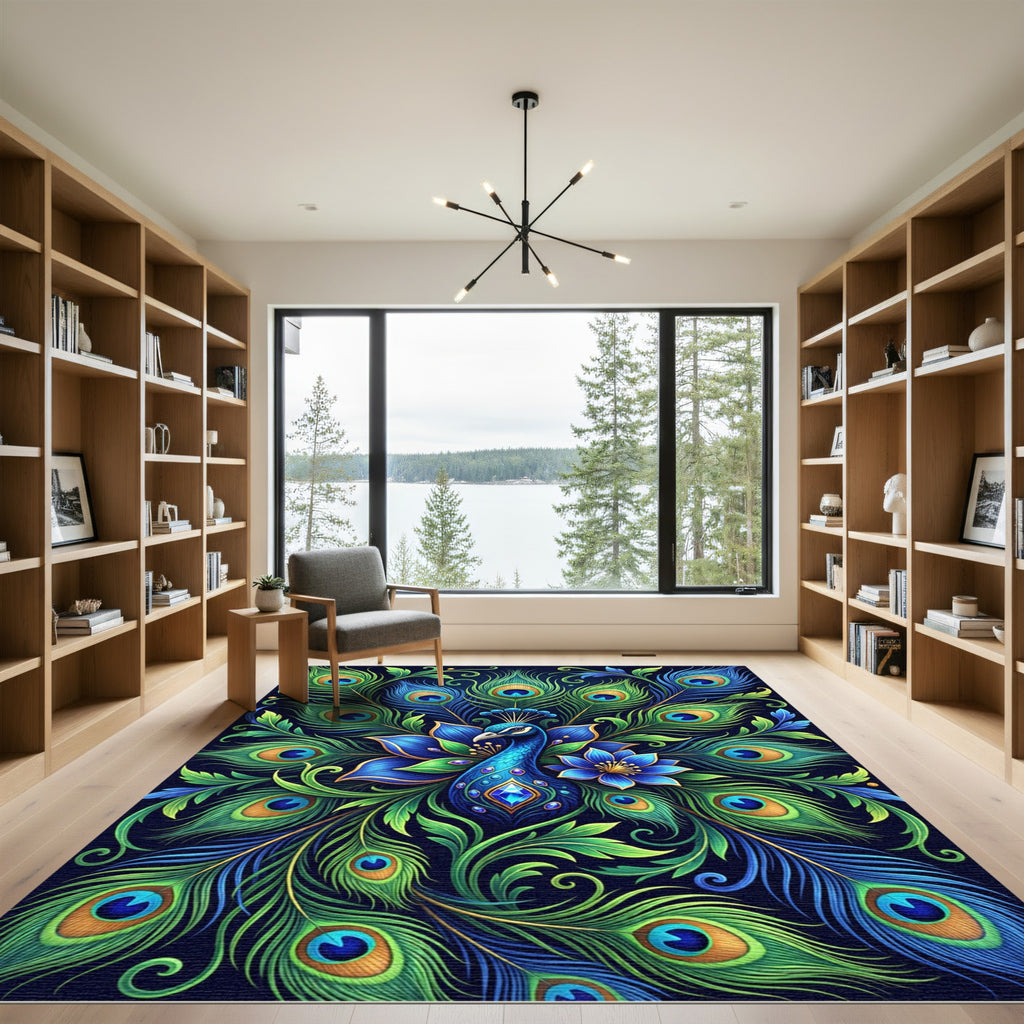 Radiant Peacock Feather Botanical Jewel Rug