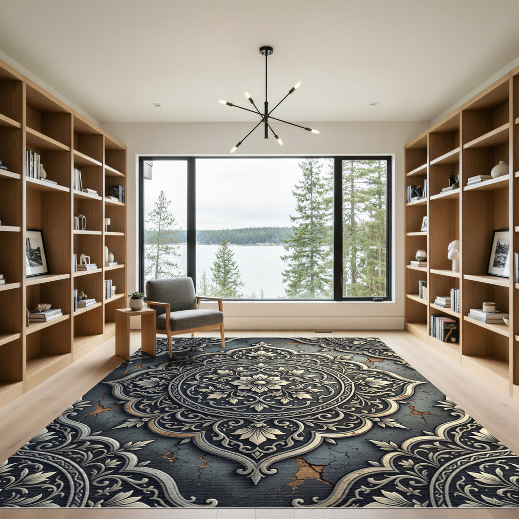 Elegant Antiqued Silver Floral Medallion Rug