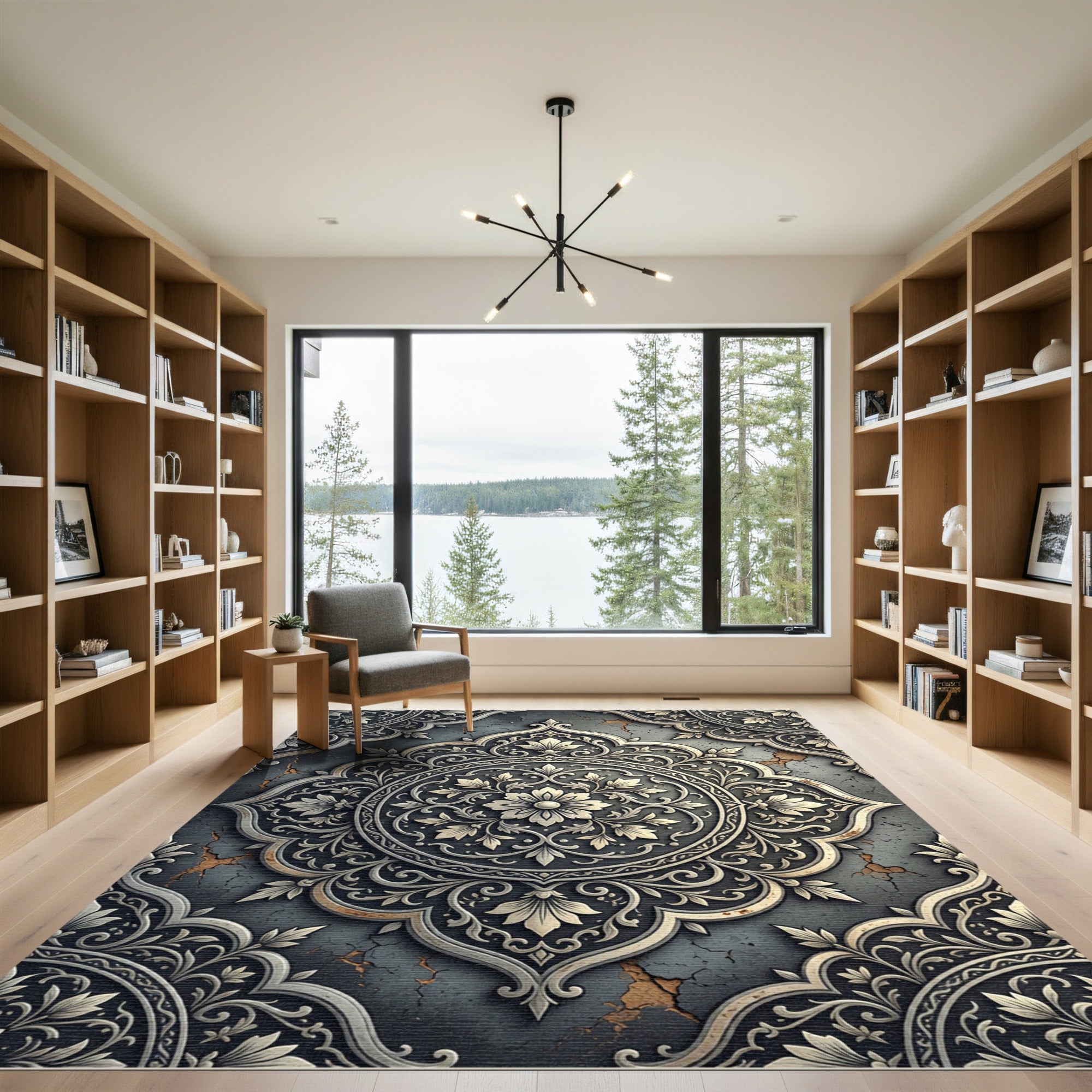 Elegant Antiqued Silver Floral Medallion Rug