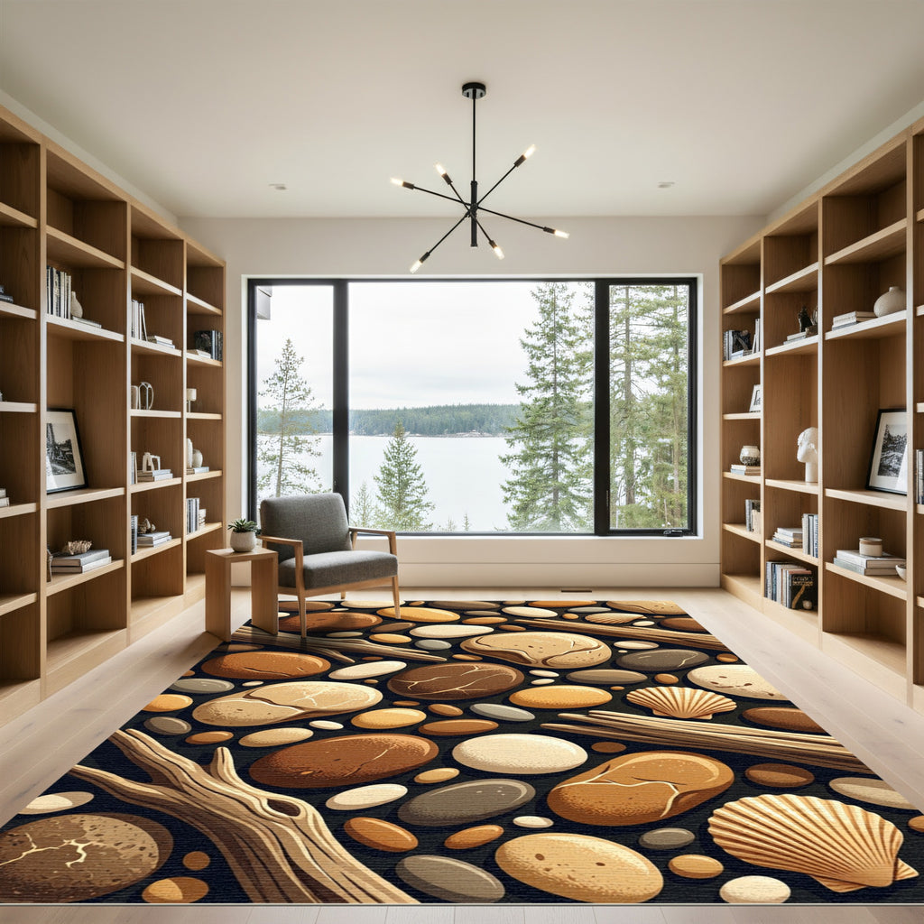 Beach Pebble Driftwood Shell Arrangement Rug
