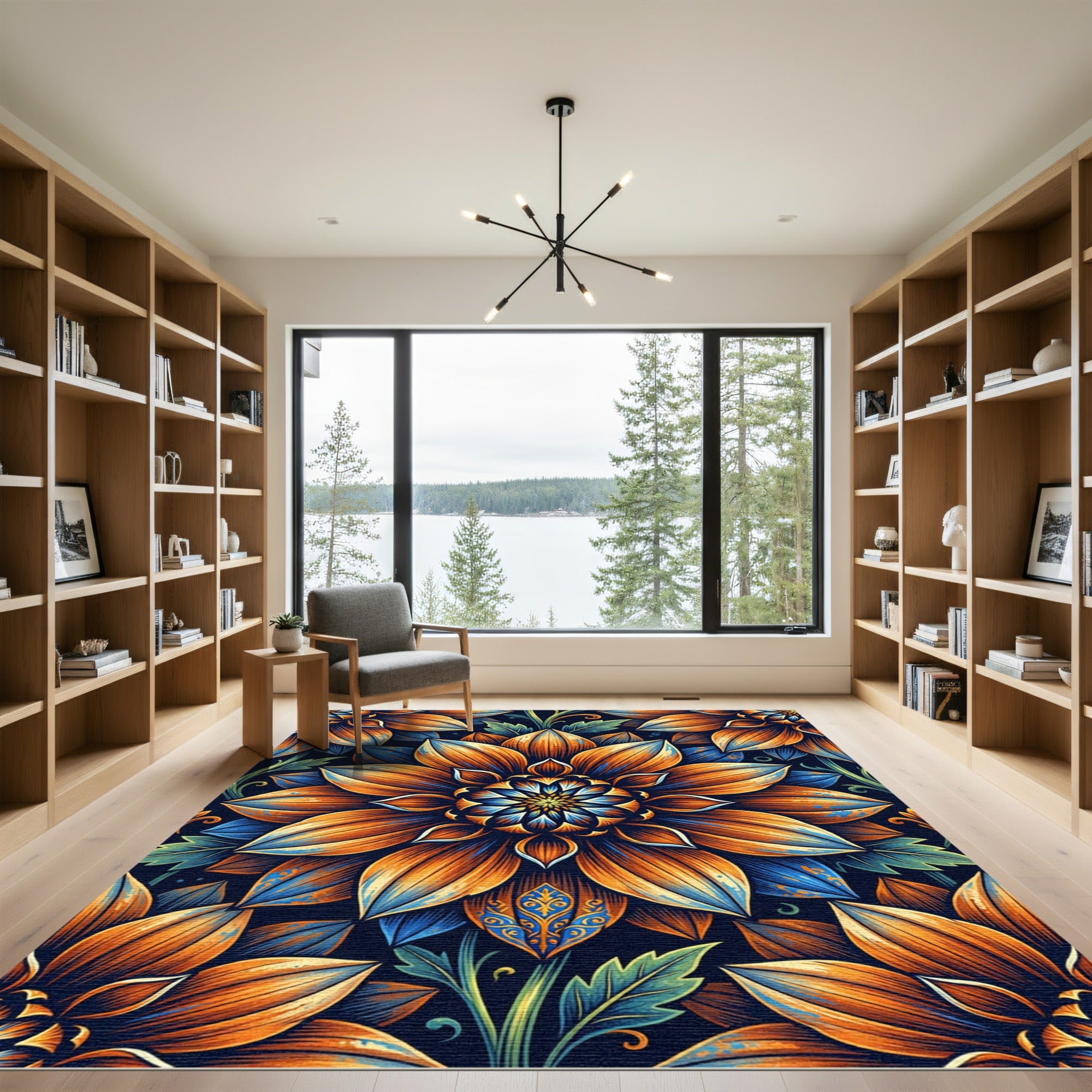 Orange Blue Floral Garden Medallion Rug