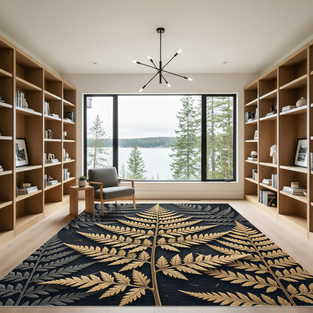 Golden Fern Botanical Charcoal Backdrop Rug