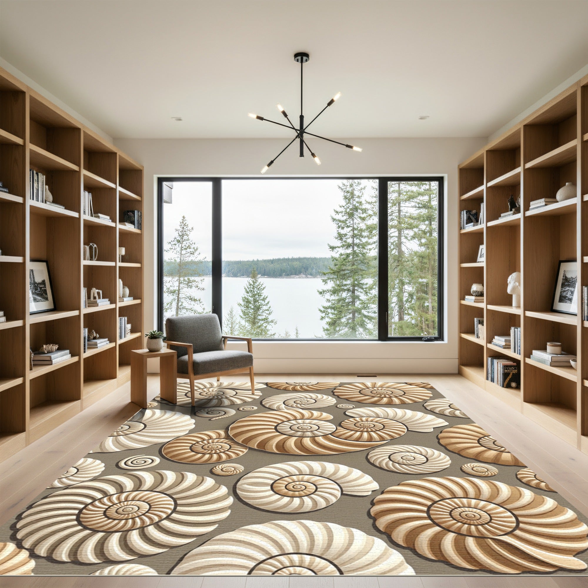 Beige Ammonite Spiral Shell Art Rug