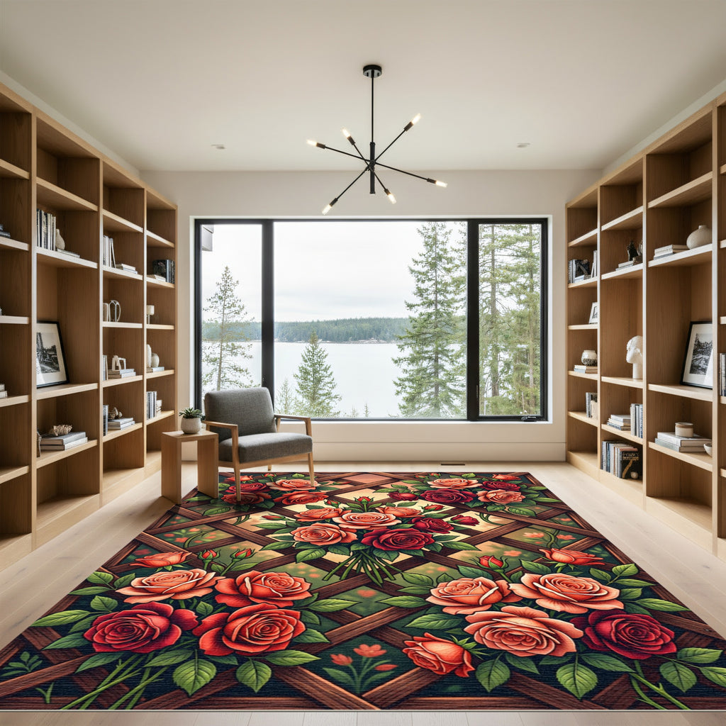 Garden Lattice Red Coral Roses Rug