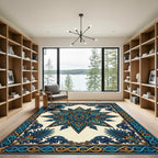 Intricate Teal Gold Star Border Rug