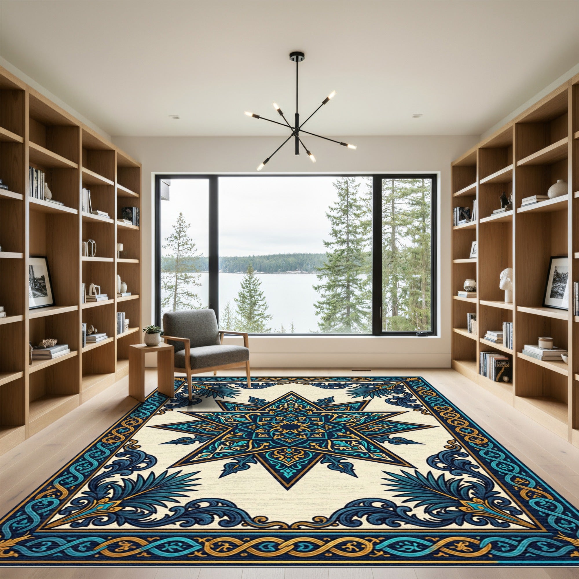 Intricate Teal Gold Star Border Rug