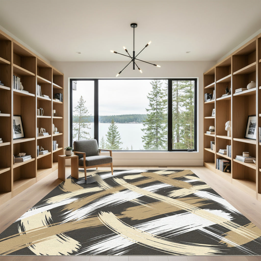 Textural Bronze and Cream Brushstrokes Rug