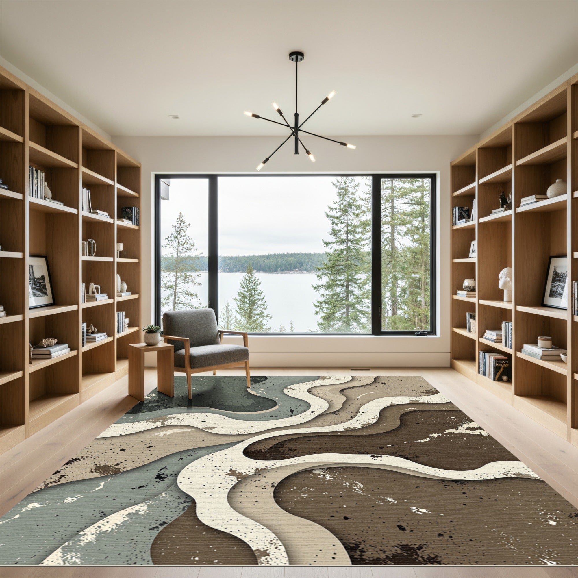 Abstract Earth Tone Wavy Layered Art Rug