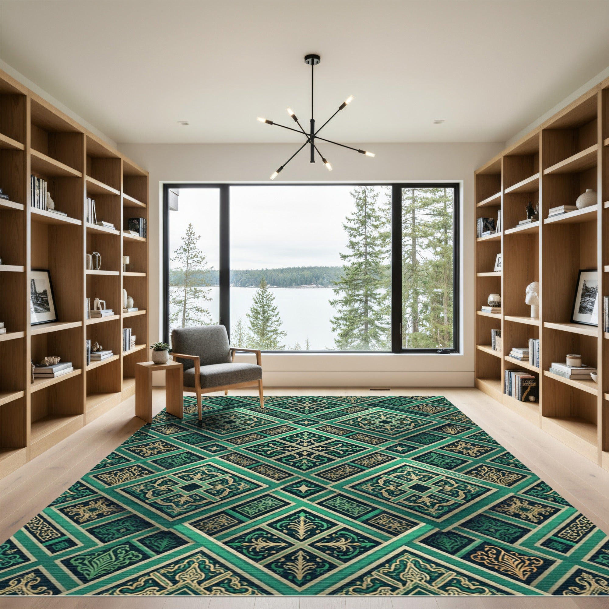 Emerald Geometric Ornate Jeweled Tile Rug