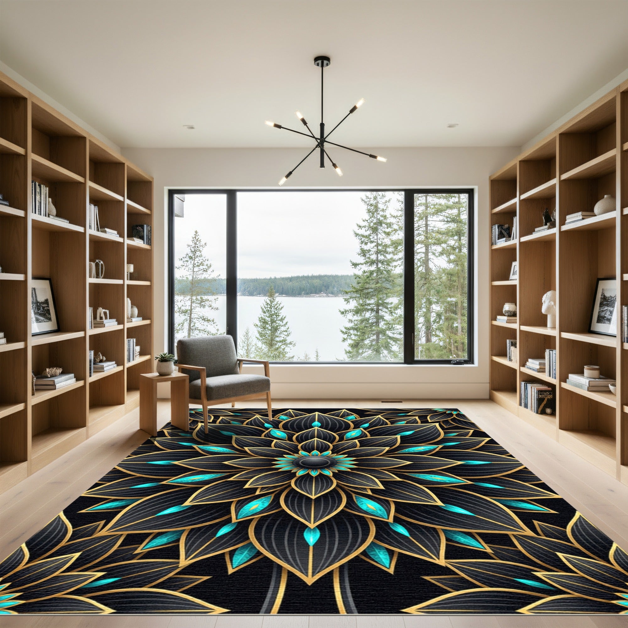 Black Gold Teal Floral Mandala Rug