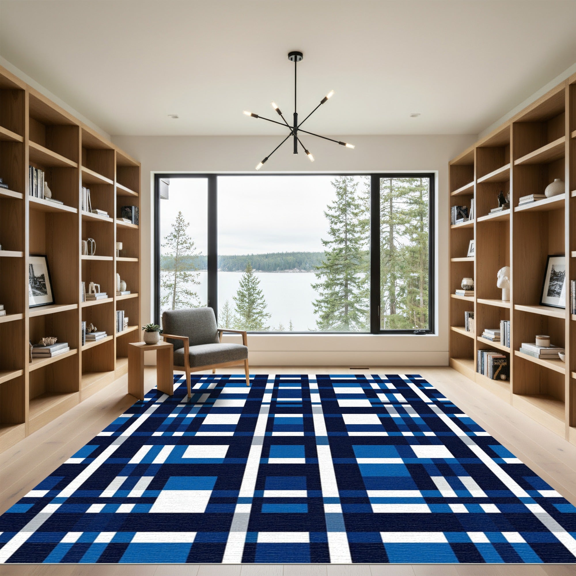 Geometric Navy and Blue Plaid Check Rug