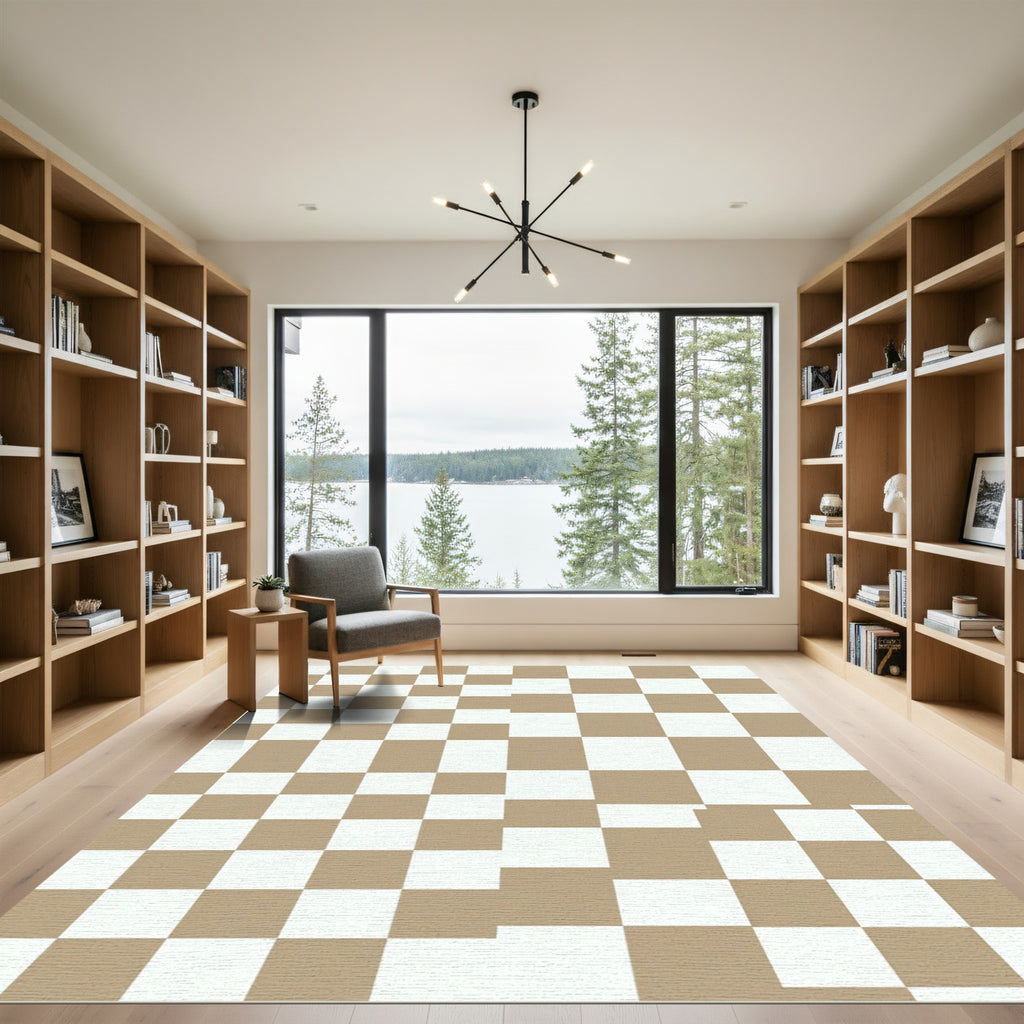 Tan White Gradual Checkerboard Squares Rug